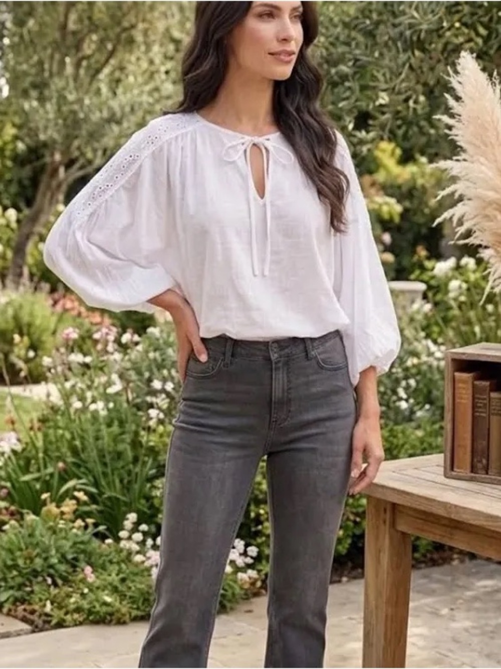 Young Fabulous & Broke New Boho White Eyelet Shoulder Balloon Sleeve Peasant Top